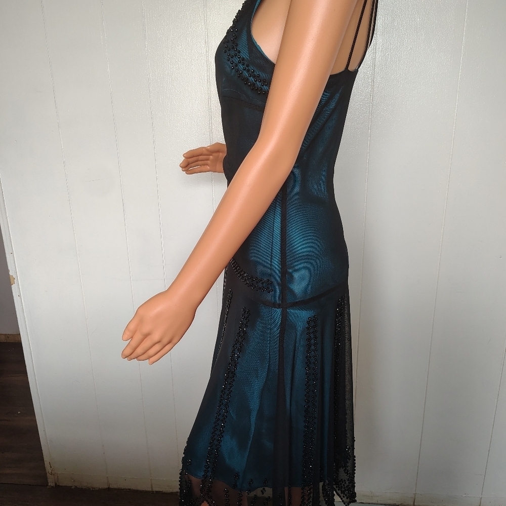S. L. Fashions Dress; Size 12; Elegant Black and Teal Beaded Dress - Picture 3 of 11